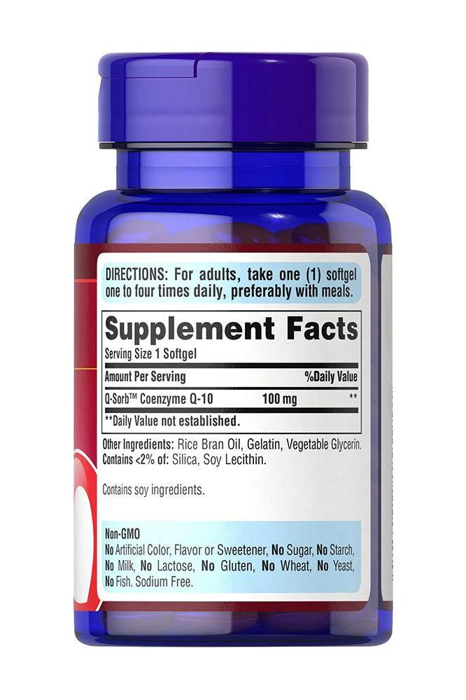 Bottle of Puritan's Pride Co Q-10 100MG softgel supplement with detailed label and serving instructions.