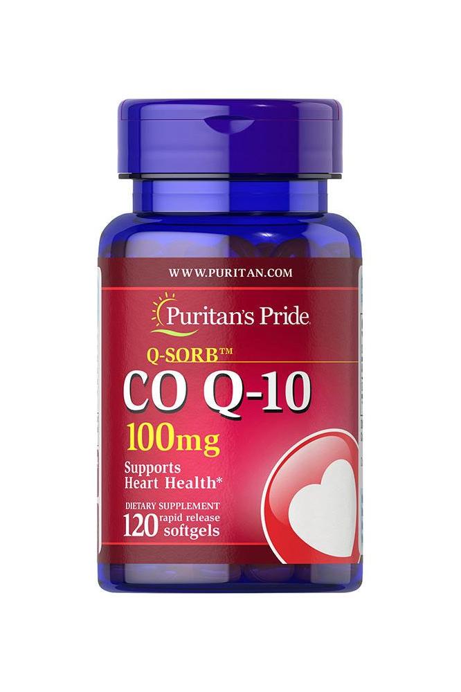 Puritan's Pride CO Q-10 100mg dietary supplement bottle for heart health support, 120 softgels.