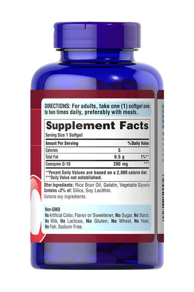 Puritan's Pride Co Q-10 200 mg softgel bottle with supplement facts label showing dosage and ingredients.