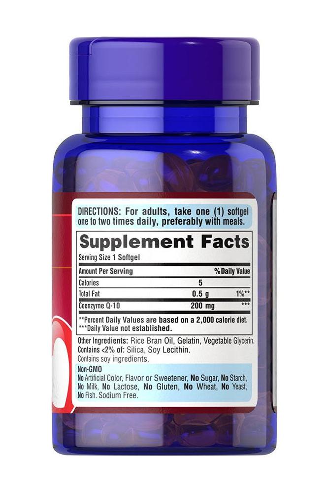 Puritan's Pride Co Q-10 200 mg supplement bottle with dosage and ingredient information.