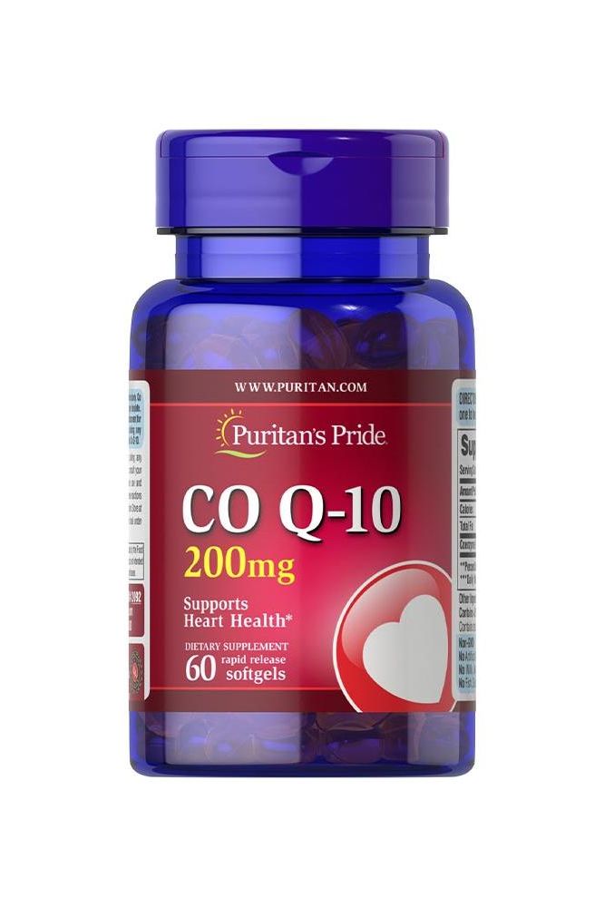 Puritan's Pride Co Q-10 200 mg dietary supplement bottle supporting heart health, with 60 softgels for energy production.