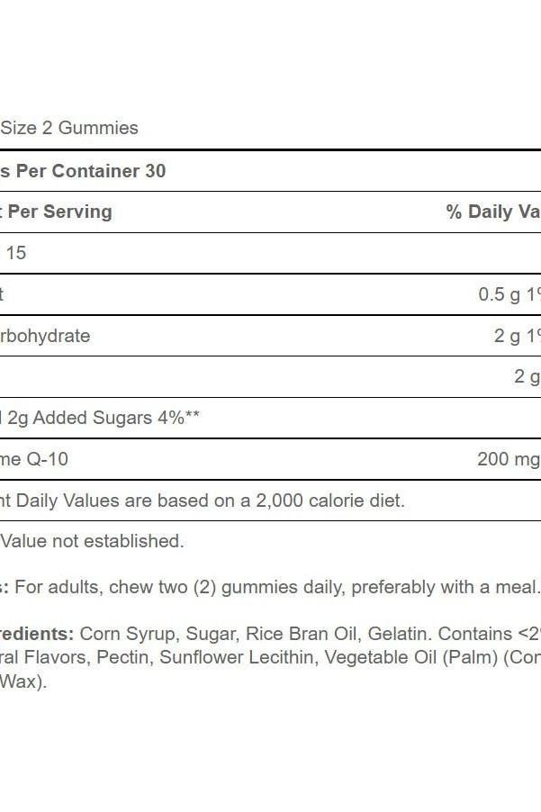Nutrition facts label for Puritan's Pride Co Q-10 200mg Peach Mango Gummies, detailing ingredients and serving size.