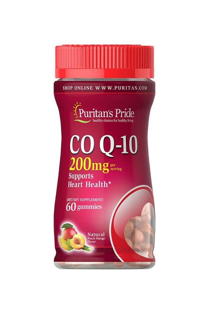 Puritan's Pride Co Q-10 200mg gummies bottle for heart health, peach mango flavor, 60 count.