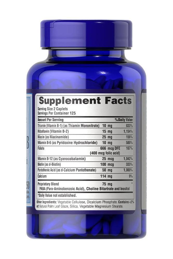 Puritan's Pride Complete B Vitamin B Complex supplement facts label on blue bottle
