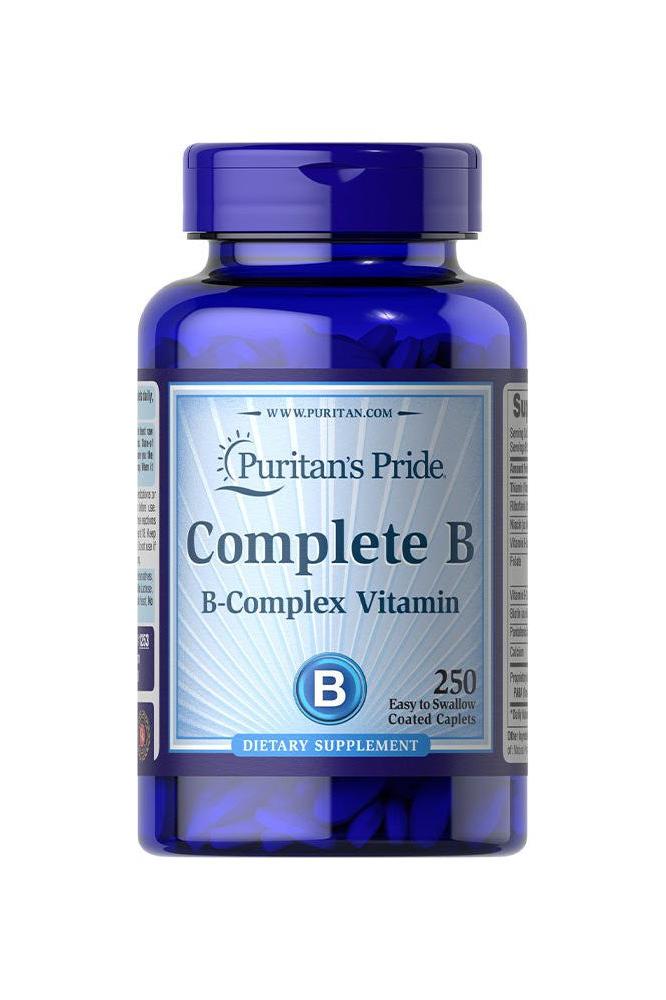 Puritan's Pride Complete B B-Complex Vitamin supplement bottle with 250 easy-to-swallow caplets.