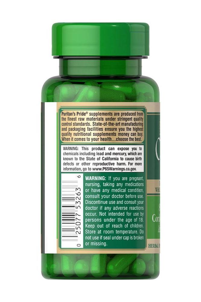 Puritan's Pride Cordyceps Mushroom 750 mg - 60 Capsules bottle with green lid and informative label.