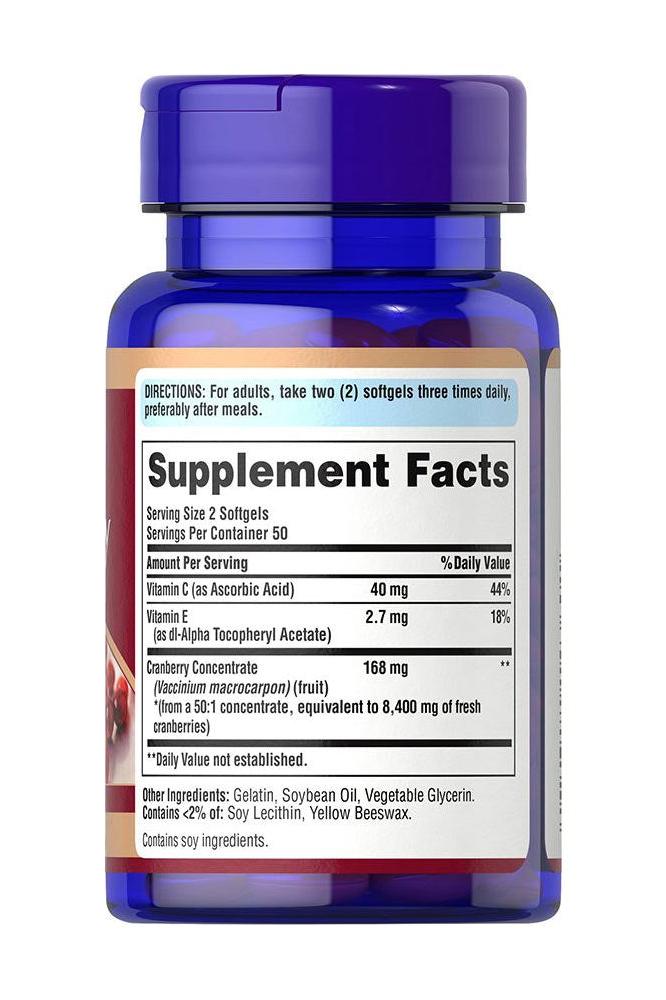 Supplement facts label for Puritan's Pride Cranberry Fruit Concentrate softgels with vitamins C and E.