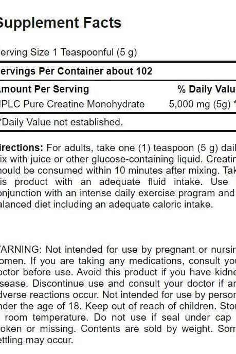 Supplement facts for Puritan's Pride Creatine Monohydrate Powder, including dosage and nutrition information.