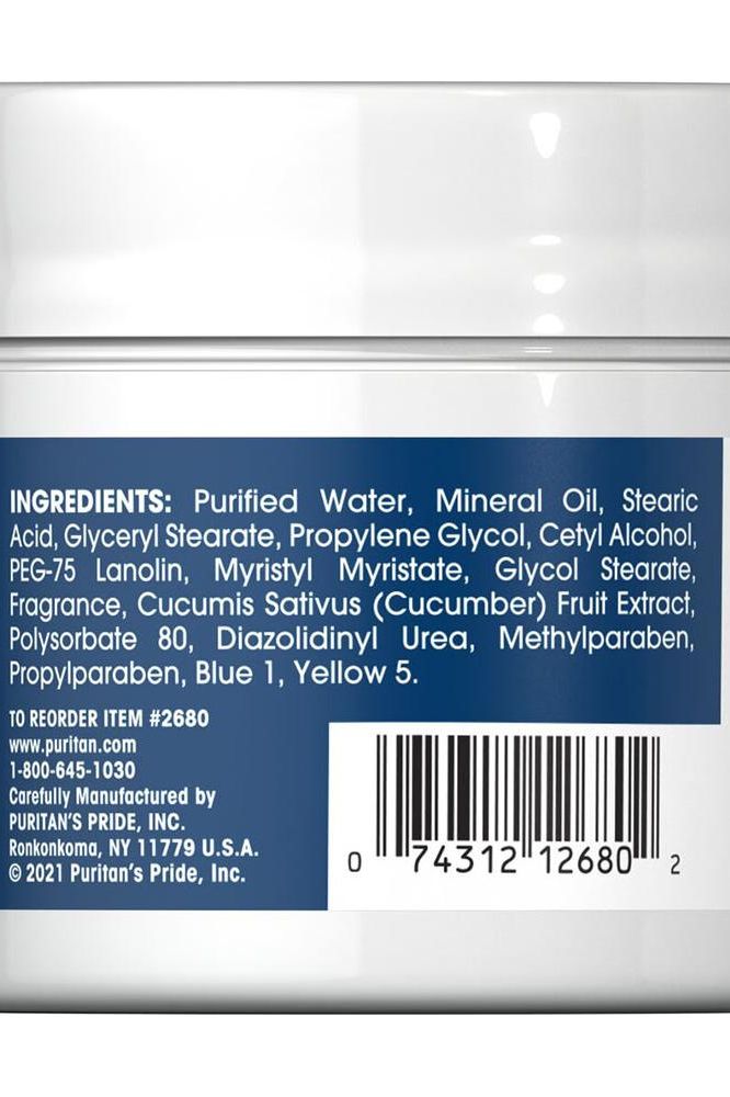 Ingredients list for Puritan's Pride Crushed Cucumber Cleansing Cream, including cucumber extract and moisturizing compounds.