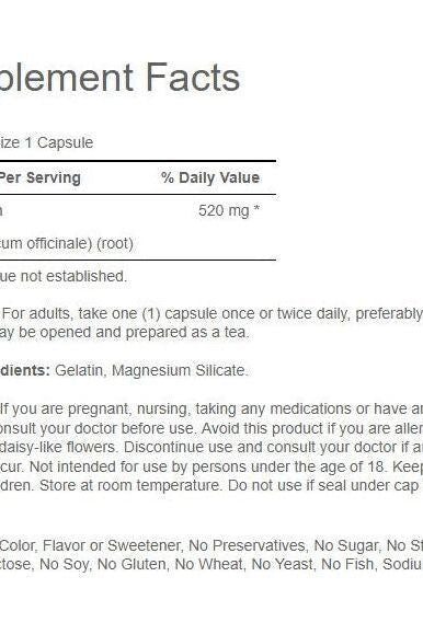 Supplement facts for Puritan's Pride Dandelion Root 520 mg, detailing dosage and ingredients.