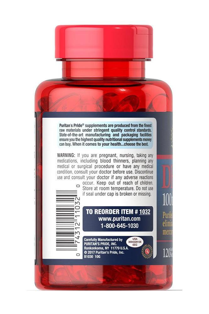 Puritan's Pride DHA 100 mg softgels bottle, highlighting omega-3 benefits and quality assurance.