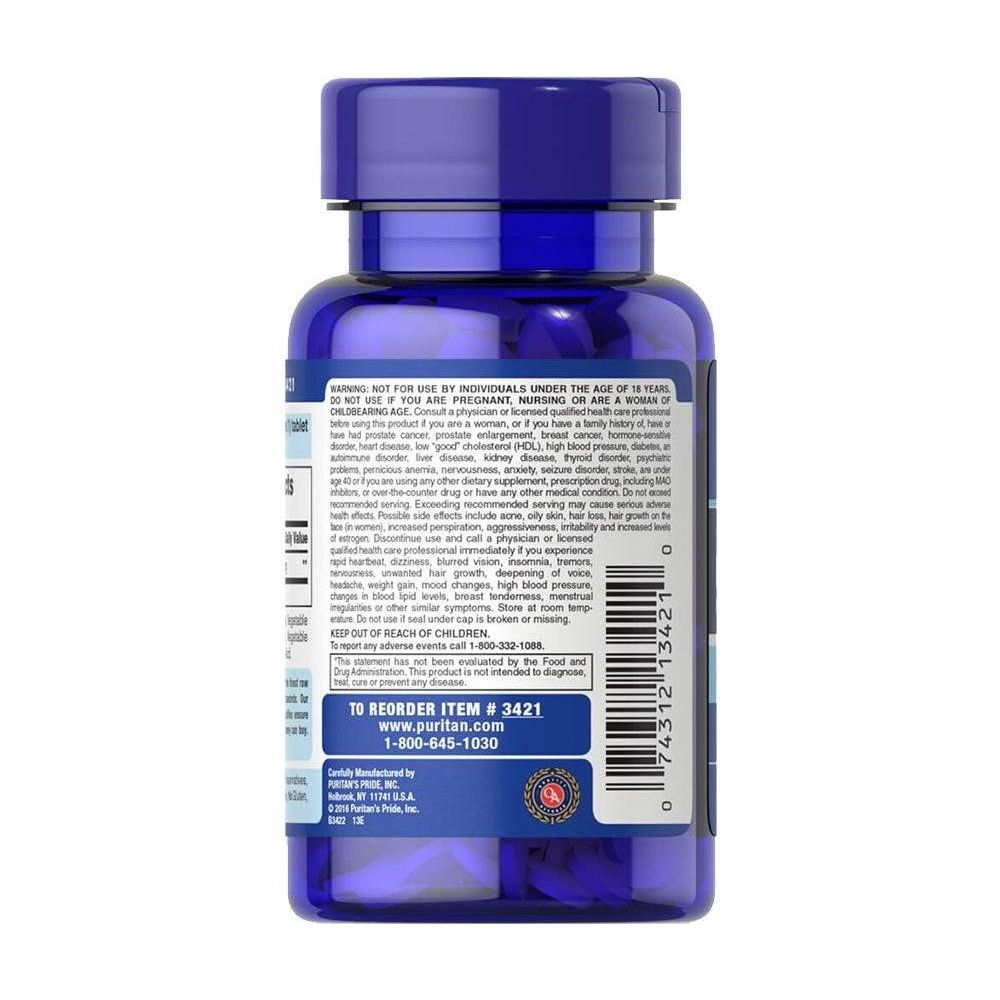 Puritan's Pride DHEA 25 mg supplement bottle back view with product information and nutritional facts.
