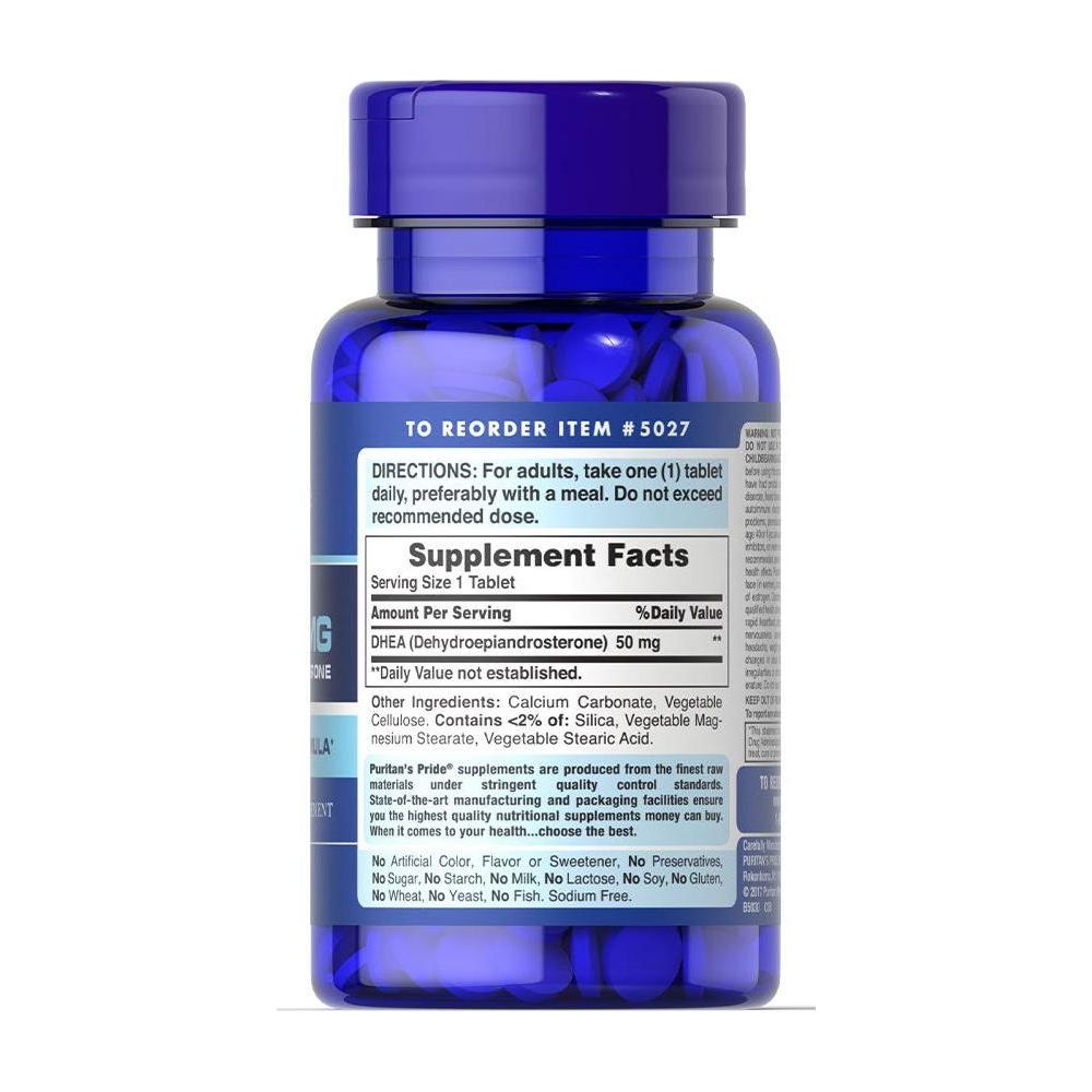 Puritan's Pride DHEA 50 mg supplement bottle with nutrition facts and dosage instructions.