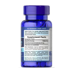 Puritan's Pride DHEA 50 mg supplement bottle with nutrition facts and dosage instructions.