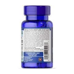 Back view of Puritan's Pride DHEA 50 mg supplement bottle with detailed label information.