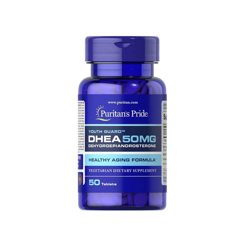 Puritan's Pride DHEA 50 mg dietary supplement bottle, promoting healthy aging and muscle strength.