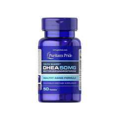 Puritan's Pride DHEA 50 mg dietary supplement bottle, promoting healthy aging and muscle strength.