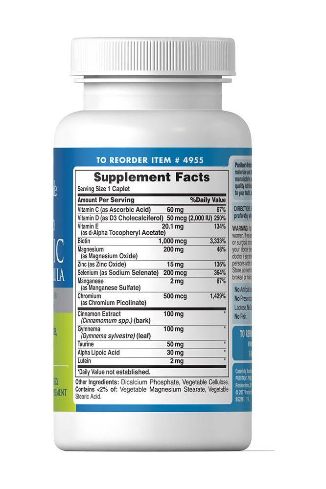 Supplement facts label of Puritan's Pride Diabetic Support Formula caplets highlighting key nutrients and ingredients.