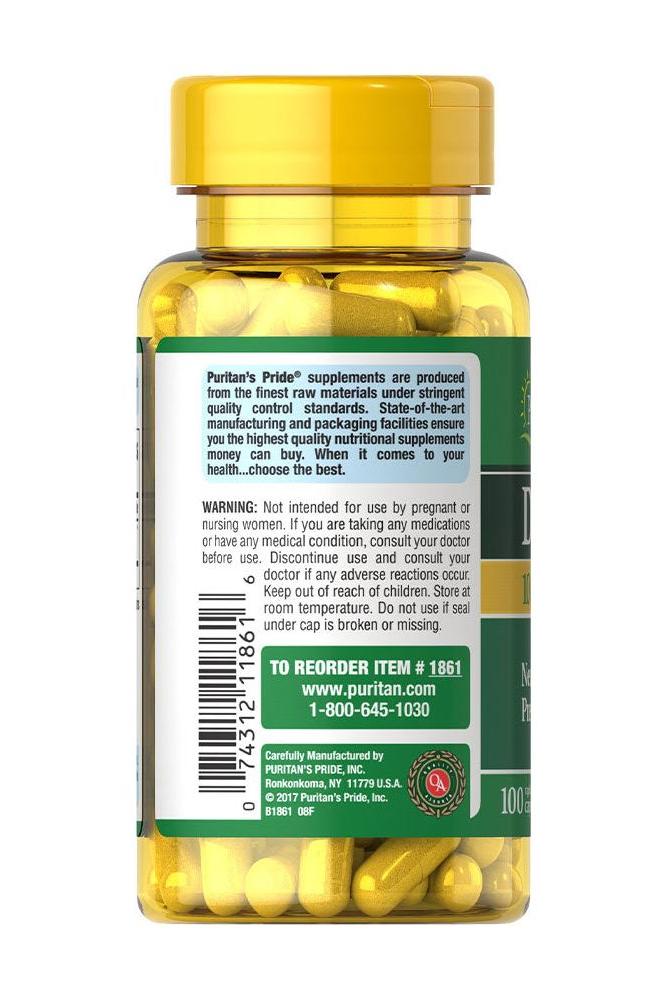 Puritan's Pride DMAE 100 mg supplement bottle with 100 capsules for enhanced cognitive function.