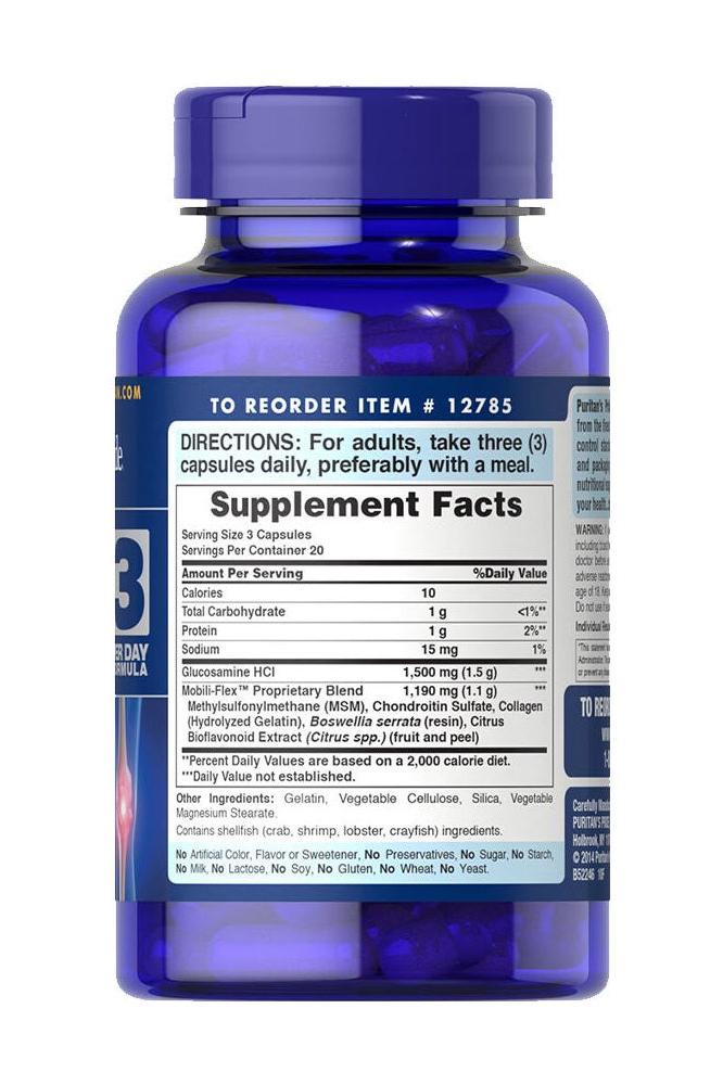 Puritan's Pride Double Strength Glucosamine, Chondroitin & MSM Joint Soother® supplement bottle with dosage instructions.