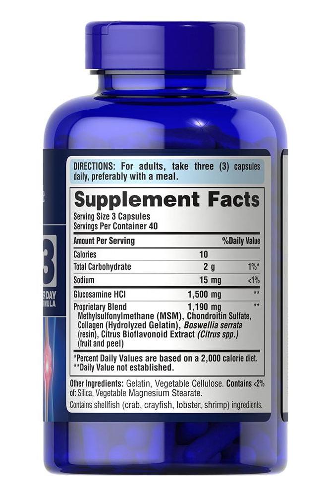 Supplement facts label for Puritan's Pride Double Strength Glucosamine, Chondroitin & MSM Joint Soother capsules.