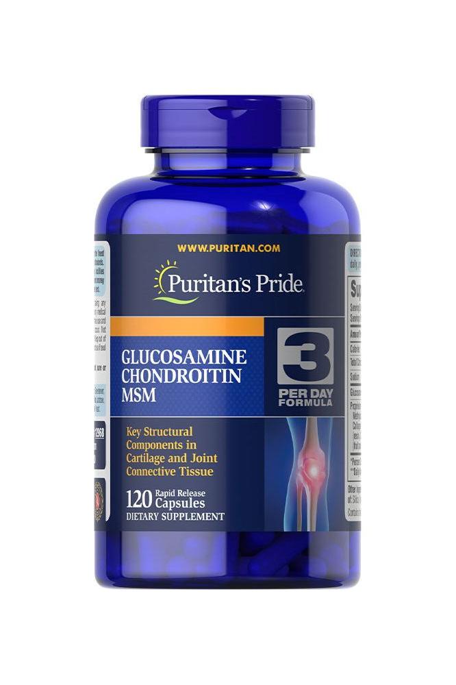 Puritan's Pride Double Strength Glucosamine, Chondroitin & MSM supplement bottle, 120 capsule joint support.