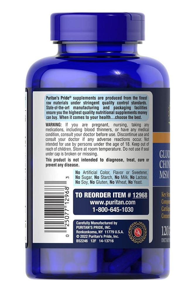 Puritan's Pride Double Strength Glucosamine, Chondroitin & MSM bottle label with supplement information.