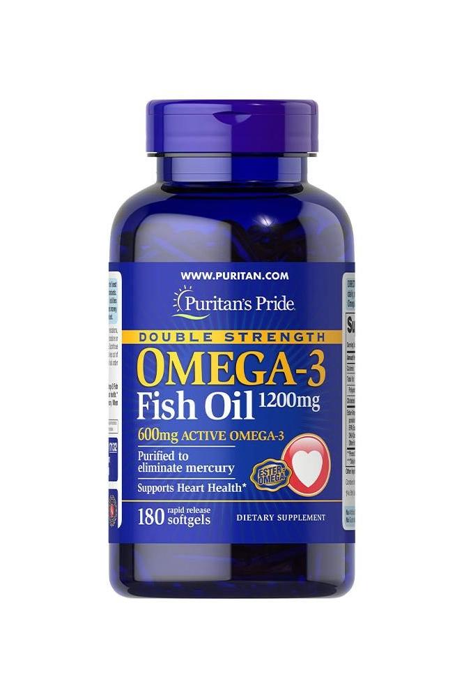 Puritan's Pride Double Strength Omega-3 Fish Oil 1200 mg with 180 softgels, supports heart health and fresh circulation.