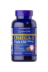 Puritan's Pride Double Strength Omega-3 Fish Oil 1200 mg with 180 softgels, supports heart health and fresh circulation.