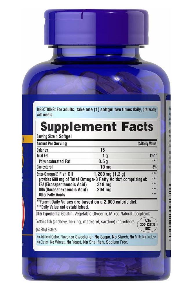 Supplement facts for Puritan's Pride double strength Omega-3 fish oil softgels, featuring nutritional information and serving size.