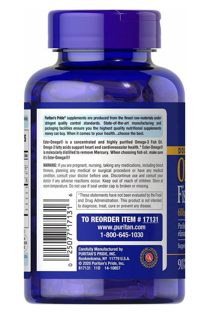 Puritan's Pride Double Strength Omega-3 Fish Oil softgel bottle label showing nutritional information.