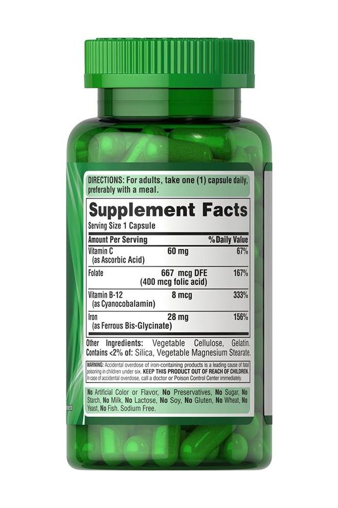 Green bottle of Easy Iron 28 mg capsules with supplement facts and dietary information on label.