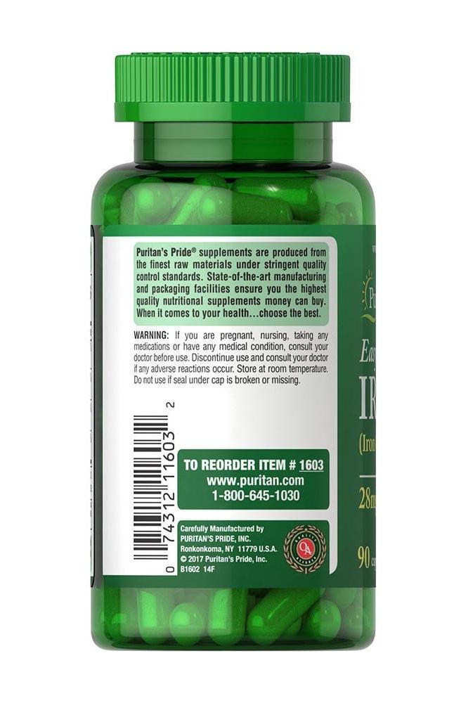Puritan's Pride Easy Iron 28 mg supplement bottle containing 90 capsules for energy support and iron absorption.
