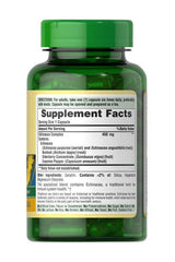 Puritan's Pride Echinacea Complex supplement facts label on green bottle, supporting immune health.