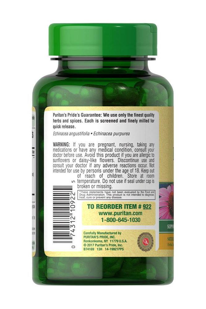 Puritan's Pride Echinacea Complex 100 capsules bottle with ingredient and safety information on label.