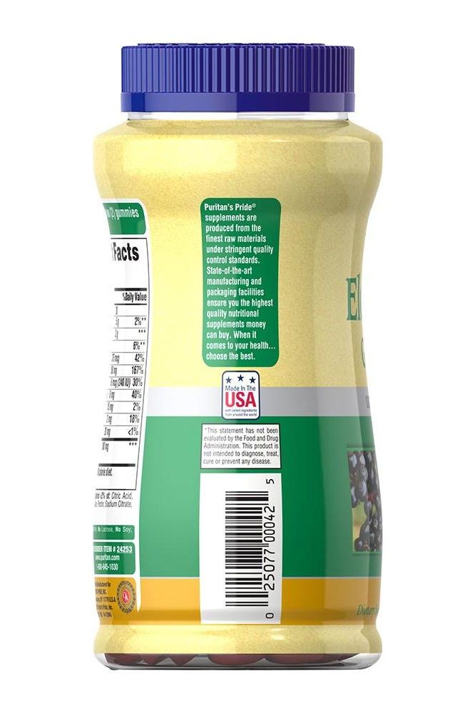 Puritan's Pride Elderberry Gummies bottle showing nutritional facts and ingredients, supports immune health with vitamins C, D & zinc.