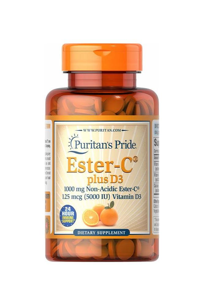 Puritan's Pride Ester-C® Plus D3 supplement bottle with 60 tablets for immune support and antioxidant benefits.