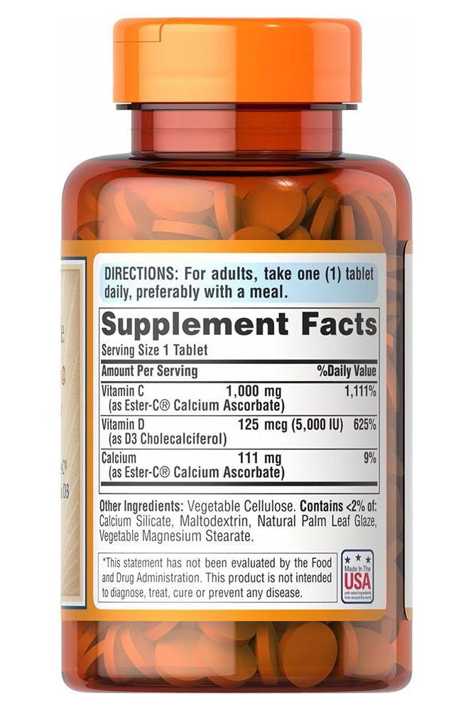 Puritan's Pride Ester-C Plus D3 60 Tablets bottle with supplement facts and dosage directions.