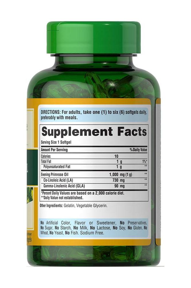 Puritan's Pride Evening Primrose Oil softgel bottle with supplement facts on label.