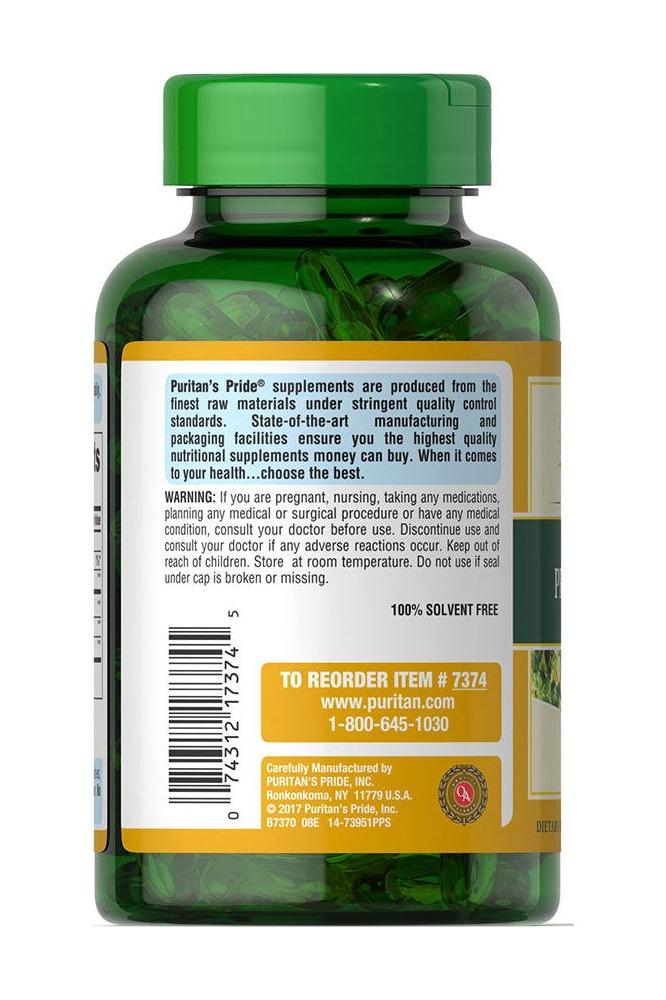 Puritan's Pride Evening Primrose Oil 1000 mg bottle back view, showcasing ingredients and quality assurance details.