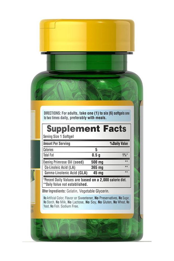 Puritan's Pride Evening Primrose Oil 500 mg softgel bottle with supplement facts label