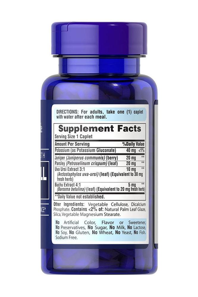 Supplement facts label for Puritan's Pride Extra Strength Water Pill, 50 caplets with potassium and natural ingredients.