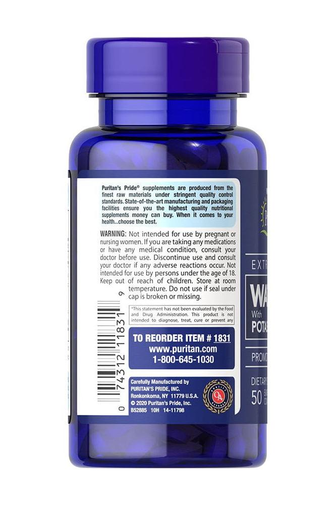 Puritan's Pride Extra Strength Water Pill 50 caplets bottle with ingredient information and warnings.