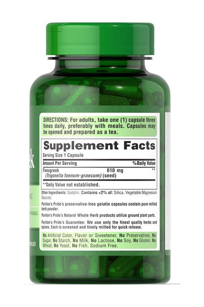 Puritan's Pride Fenugreek 610 mg supplement bottle with directions and supplement facts label.