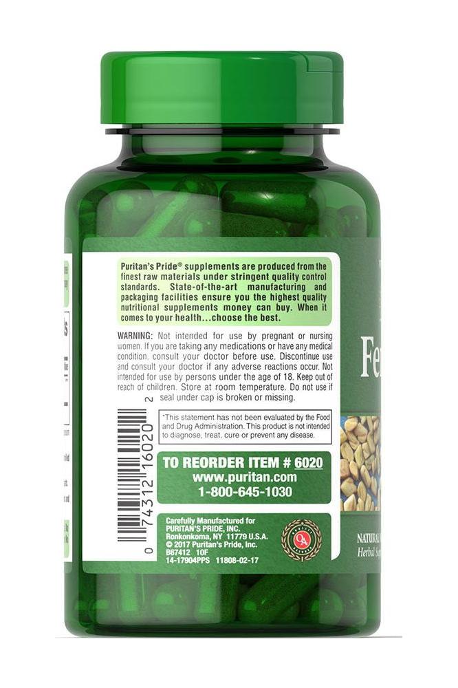 Puritan's Pride Fenugreek capsules bottle, 610 mg, showcasing label and capsules inside.