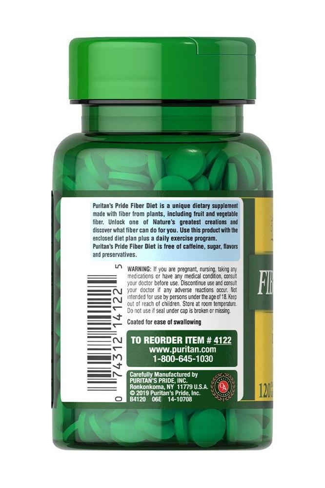 Puritan's Pride Fiber Diet tablets in green bottle, dietary supplement for natural fiber intake, 120 tablets.