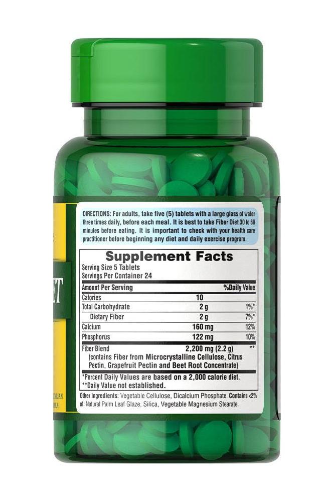 Puritan's Pride Fiber Diet tablets bottle with supplement facts and dosage instructions for natural fiber intake.