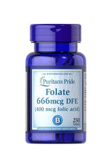 Puritan's Pride Folate 666mcg DFE 400 mcg Folic Acid dietary supplement in blue bottle, 250 tablets.