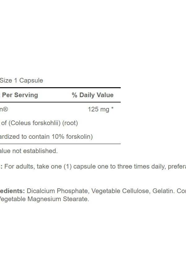 Supplement facts for Puritan's Pride Forskolin Coleus Forskohlii 125 mg capsules, detailing ingredients and serving size.