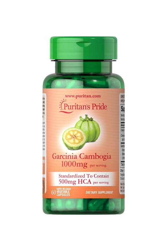 Puritan's Pride Garcinia Cambogia 1000 mg supplement bottle with 60 veg capsules for weight management and appetite control.